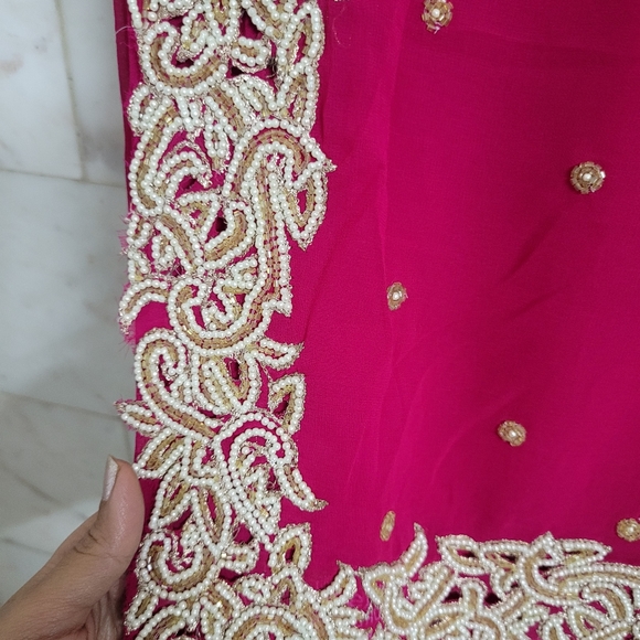 Hot Pink Saree with Pearls Work - Picture 6 of 14